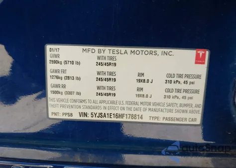 2017 Tesla Model S 60/75 from USA, damaged, VIN 5YJSA1E16HF178814